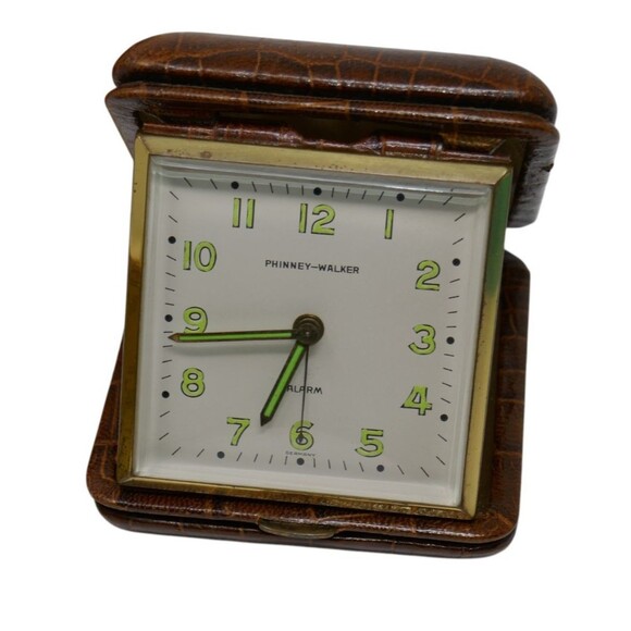 Phinney Walker Brown Alligator Traveling Alarm Clock with Box PW28 WORKS - Picture 2 of 14